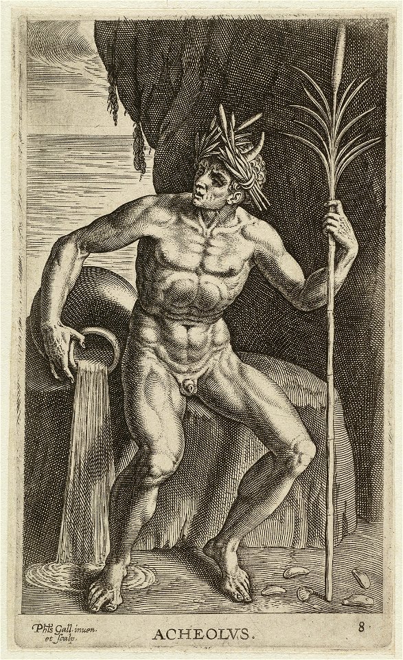 De zeegod Achelous, gezeten op een stenen blok op het strand. Hij heeft een rietpluim als staf. NL-HlmNHA 1477 53008245
