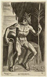 De zeegod Achelous, gezeten op een stenen blok op het strand. Hij heeft een rietpluim als staf. NL-HlmNHA 1477 53008245