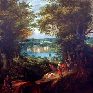 Denis van Alsloot - Landschap met waterburcht en jachttafereel