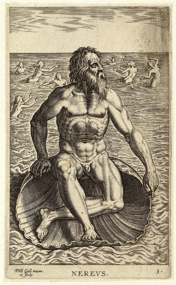 De zeegod Nereus, gezeten op een schelp. Achter hem zijn talrijke dochters. NL-HlmNHA 1477 53008240