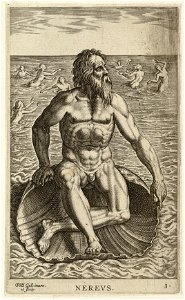 De zeegod Nereus, gezeten op een schelp. Achter hem zijn talrijke dochters. NL-HlmNHA 1477 53008240