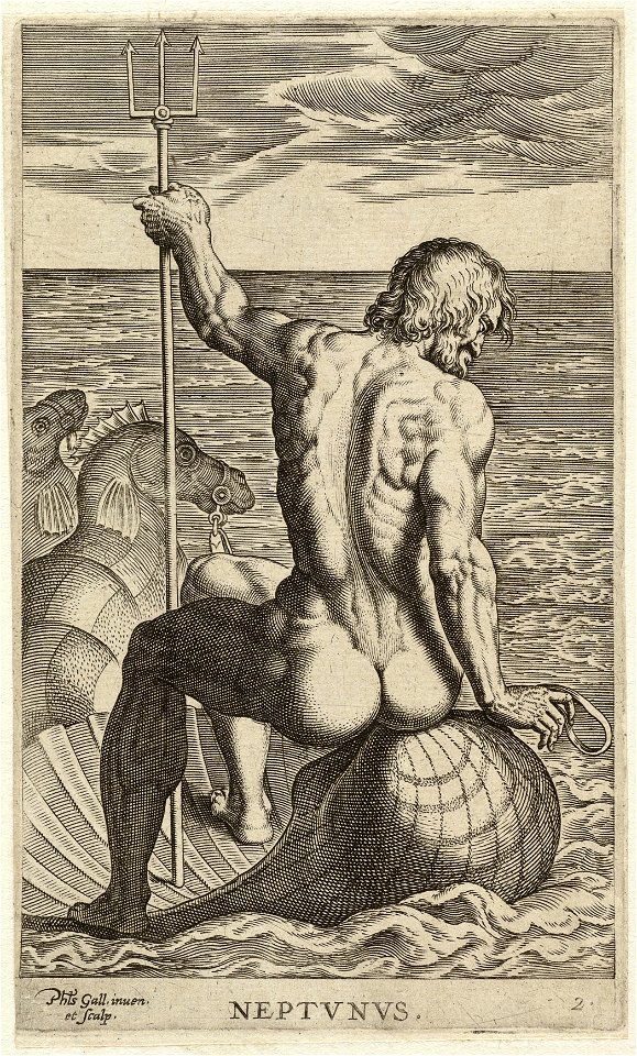 De zeegod Neptunus, gezeten op een schelp getrokken door zeepaarden. NL-HlmNHA 1477 53008239
