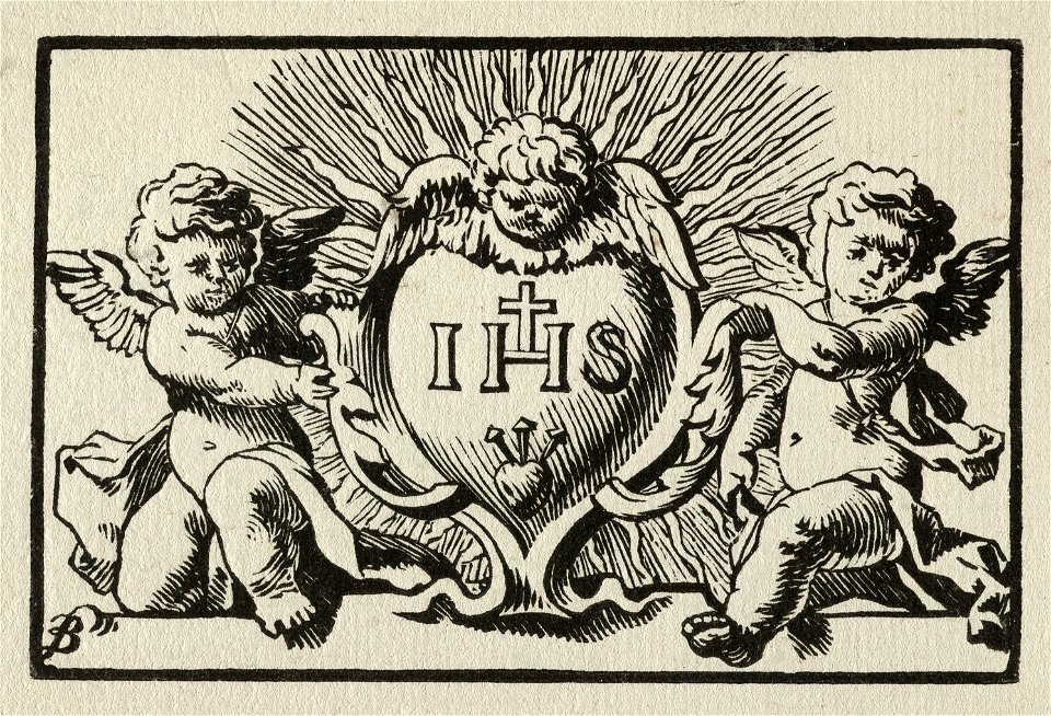 De initialen van Jezus in een hartvormig cartouche, gedragen door twee engeltjes en bekroond door een engelenkopje, NL-HlmNHA 1477 53010197
