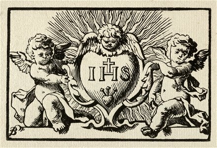 De initialen van Jezus in een hartvormig cartouche, gedragen door twee engeltjes en bekroond door een engelenkopje, NL-HlmNHA 1477 53010197