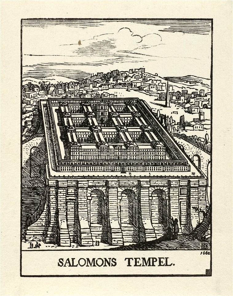 De tempel van Salomo in vogelvlucht. Op de achtergrond Jeruzalem, NL-HlmNHA 1477 53010147