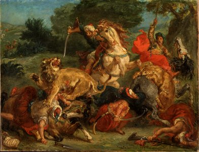 Delacroix lion hunt 1855. Free illustration for personal and commercial use.