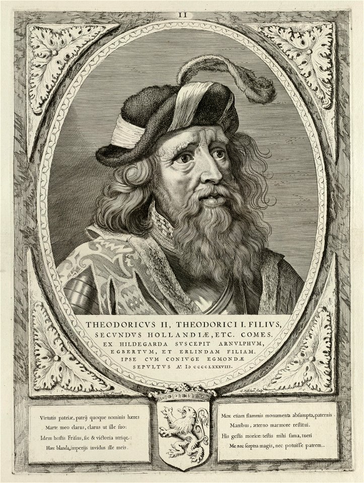 Dirk II, graaf van Holland, in een harnas. De omlijsting is versierd met het wapen van Holland. NL-HlmNHA 1477 53012895