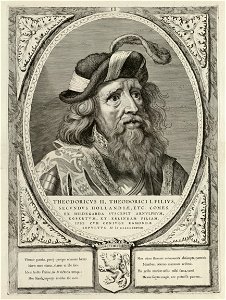 Dirk II, graaf van Holland, in een harnas. De omlijsting is versierd met het wapen van Holland. NL-HlmNHA 1477 53012895