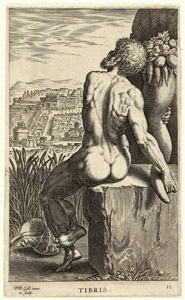 De riviergod Tibris (de Tiber), gezeten op een stenen blok. In zijn handen de cornucopia. NL-HlmNHA 1477 53008248