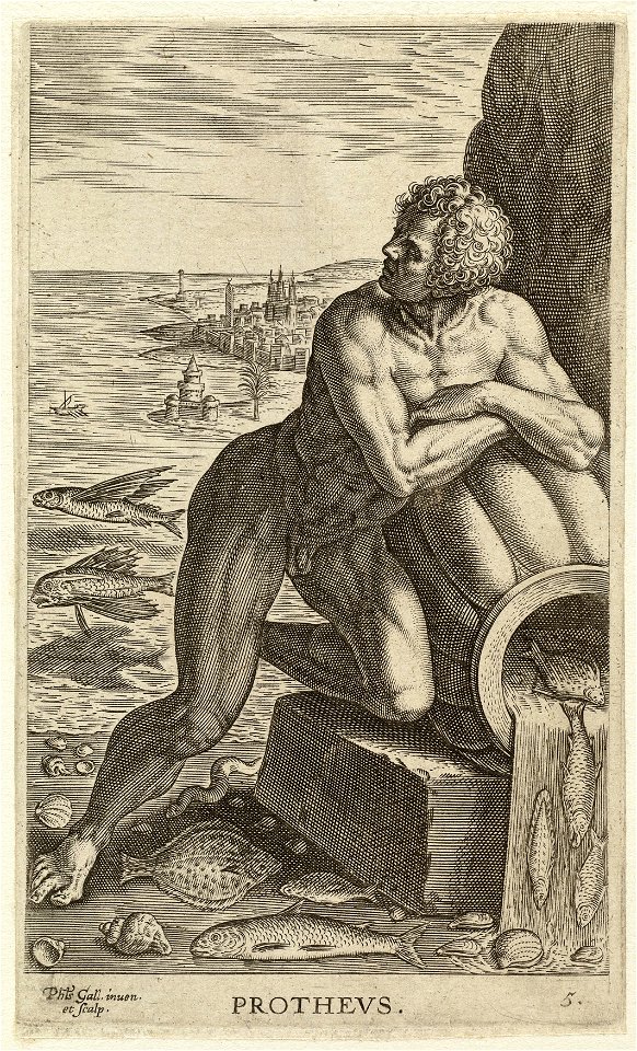 De zeegod Protheus, leunend tegen een waterkruik waar vissen uit stromen. In de achtergrond een havenstad. NL-HlmNHA 1477 53008242