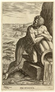 De zeegod Protheus, leunend tegen een waterkruik waar vissen uit stromen. In de achtergrond een havenstad. NL-HlmNHA 1477 53008242