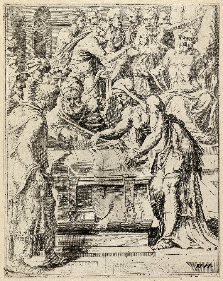 De vrijgevige arme weduwe(Marcus 1241-44 Lucas 211-4). NL-HlmNHA 1477 53008603