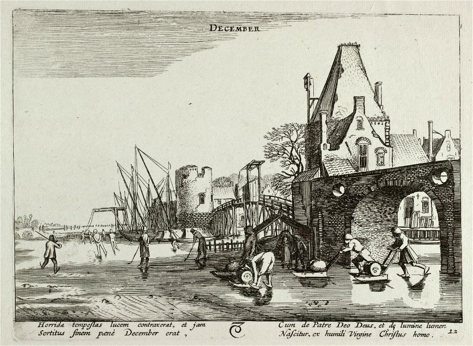 December (December). Een dorpsgezicht met kolfspeleres en figuren met vracht op sledes op het ijs, voorstellende de maand december. Links een elegant gezelschap op het ijs. Rechts de rand va, NL-HlmNHA 53012369