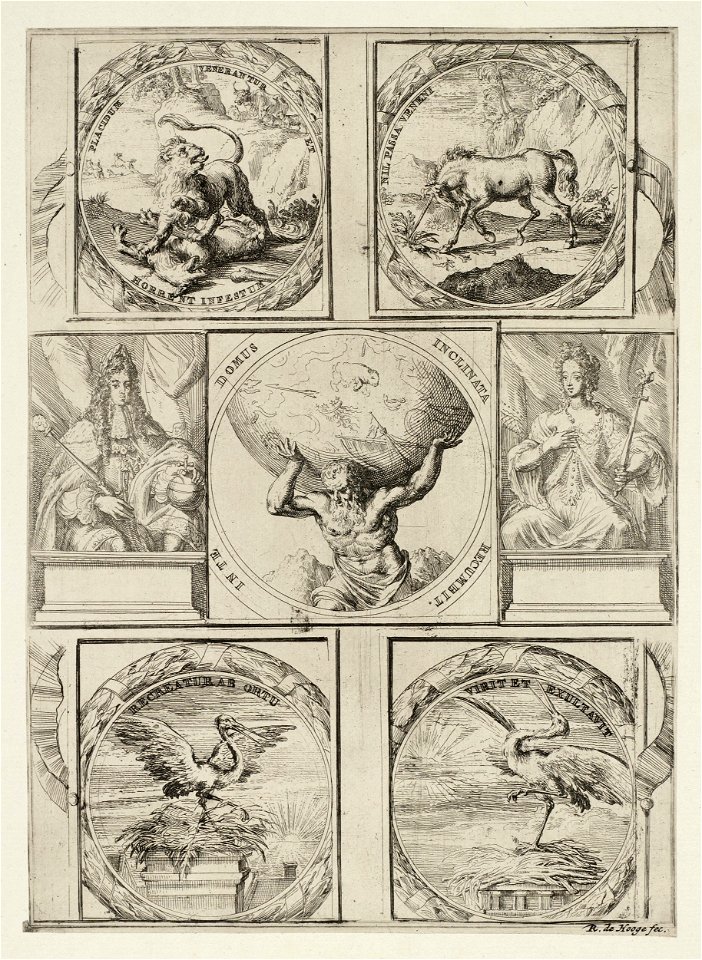Decoraties op het stadhuis van Den Haag ter gelegenheid van de intocht van stadhouder-koning Willem III, 5 februari 1691. NL-HlmNHA 53008711