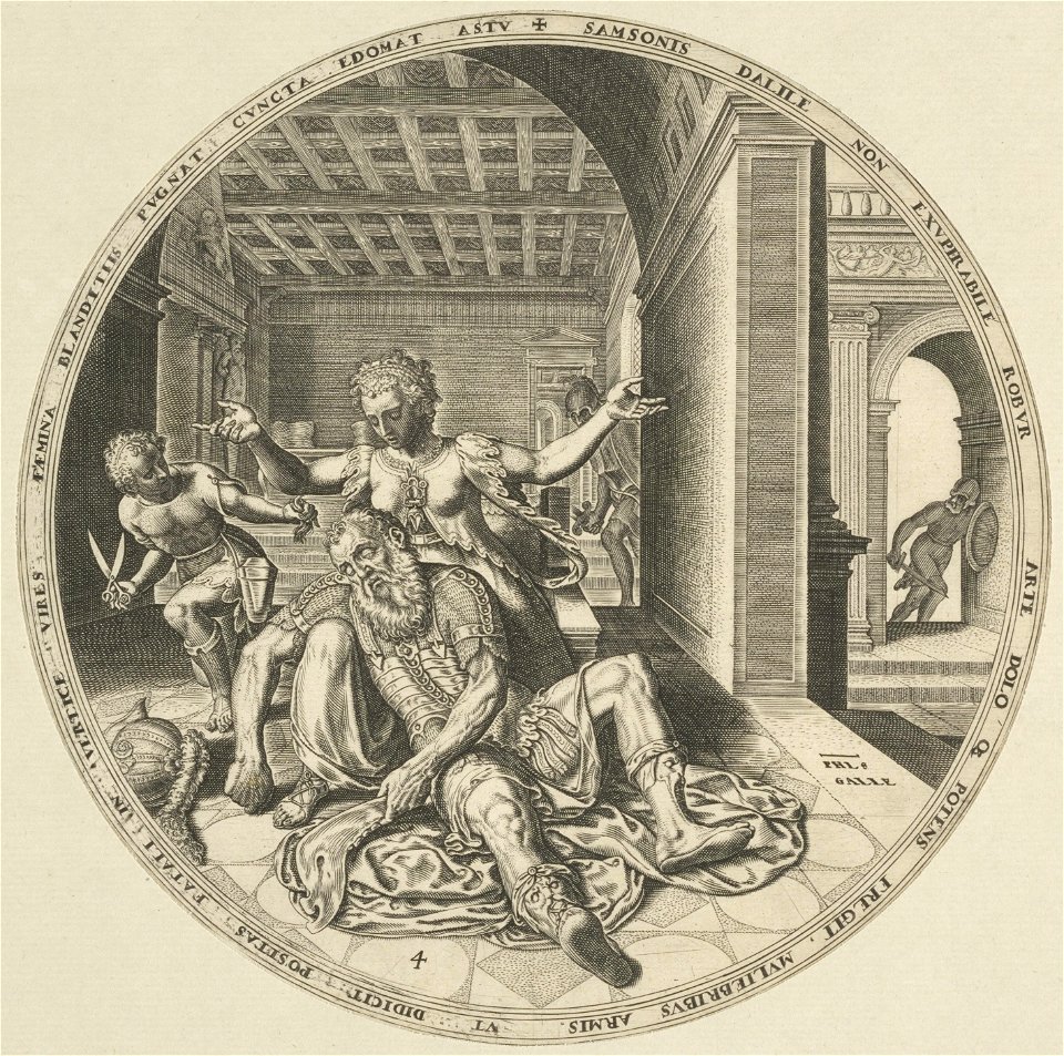 Delila knipt Simsons haarvlechten af terwijl hij slaapt. Hierdoor verliest hij zijn bijzondere krachten. Twee Filistijnse soldaten komen het paleis binnen om Simson te halen Rich. 1619. NL-HlmNHA 53008041