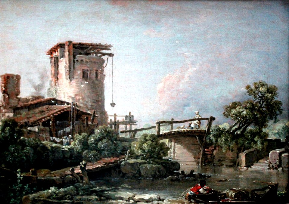 1758 Boucher Landschaft mit Turm und Brücke anagoria