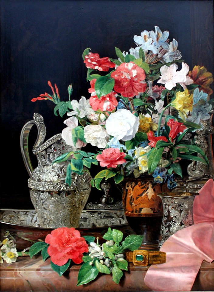1840 Waldmüller Blumenstrauß mit Silbergefäßen und antiker Vase anagoria