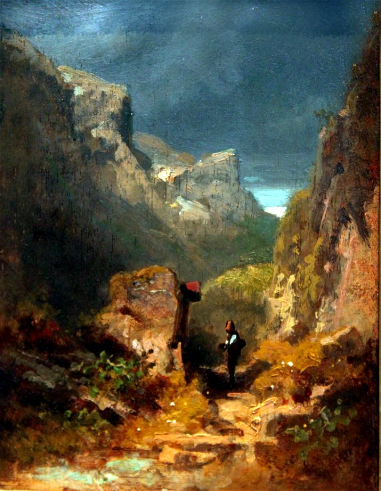 1850 Spitzweg Gebirgslandschaft mit Marterl an einem Felsen anagoria
