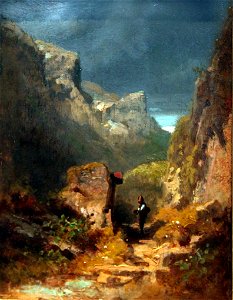 1850 Spitzweg Gebirgslandschaft mit Marterl an einem Felsen anagoria