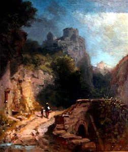 1868 Spitzweg Gebirgslandschaft mit Brücke und Burg anagoria