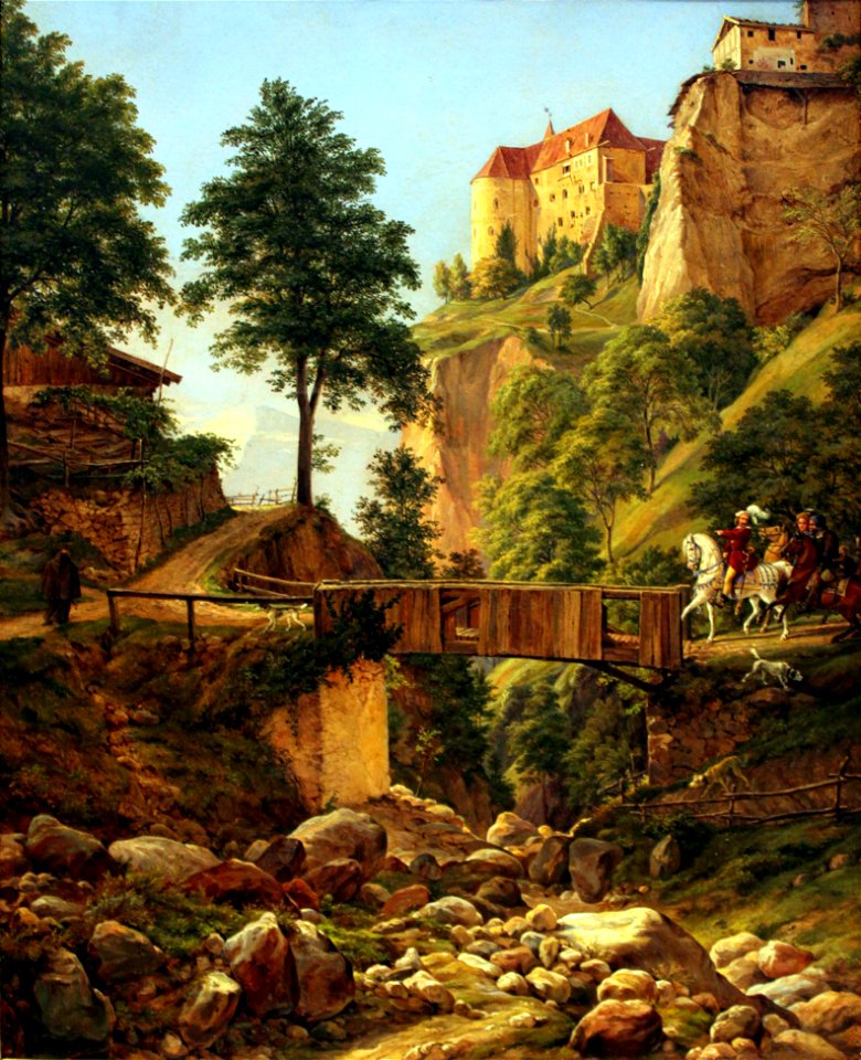 1837 Harnier Reiter in altdeutscher Tracht vor der Burg Tirol anagoria