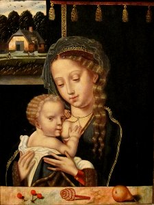 'Madonna and Child Nursing', Flemish school oil on wood painting, early 16th century. Free illustration for personal and commercial use.