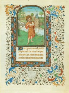 'St. John the Baptist with the Lamb of Christ', gold leaf and tempera on vellum page from a book of hours. Free illustration for personal and commercial use.