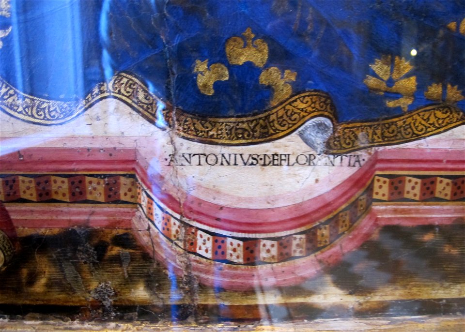 Antonio da firenze, madonna col bambino, santo vescovo, giovanni battista e angeli, firma