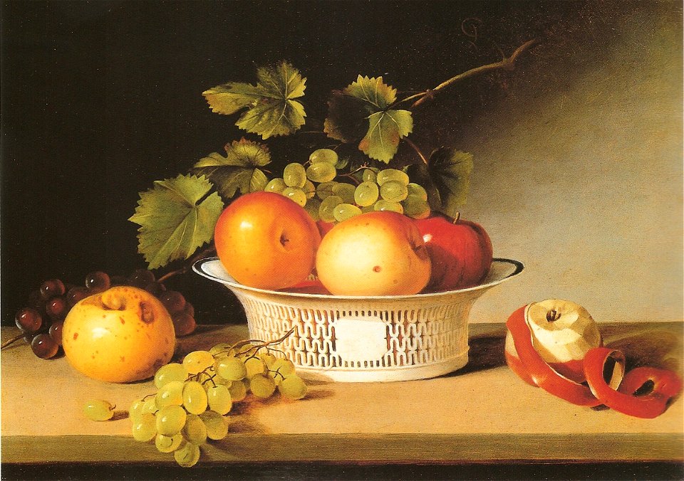 Apples and grapes in a pierced bowl-james peale