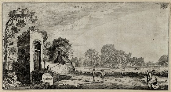 April (April). Een landschap met akkers met links een poort en een brug, voorstellende de maand april. Rechts, op de landweg en op de akkers enkele boeren, op de brug een visser. In de verte, NL-HlmNHA 53012349