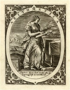 Aritmetica, de rekenkunde een vrouw staand in een landschap, voor een tafel, in een ovaal. Zij maakt berekeningen op een schrijftablet. In de hoeken rolwerk ornamenten. NL-HlmNHA 1477 53008341