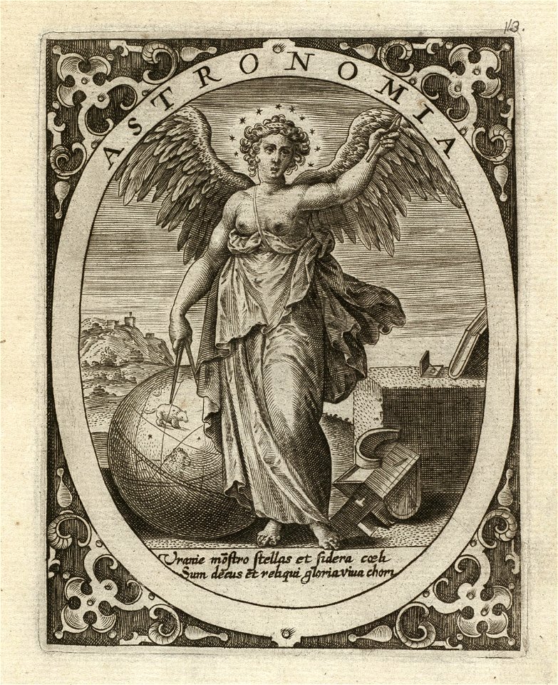 Astronomia, kosmologie een gevleugelde vrouw met een sterrenkrans om het hoofd, staand in een landschap, in een ovaal. Zij meet de afstand tussen de sterrenbeelden met een passer op een hem, NL-HlmNHA 1477 53008343