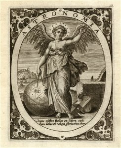 Astronomia, kosmologie een gevleugelde vrouw met een sterrenkrans om het hoofd, staand in een landschap, in een ovaal. Zij meet de afstand tussen de sterrenbeelden met een passer op een hem, NL-HlmNHA 1477 53008343
