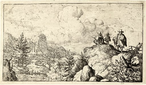 Berglandschap met op de voorgrond drie mannen, waarvan er één een schetsboek in handen heeft. NL-HlmNHA 1477 53007993 K