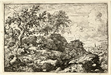 Berglandschap met enkele bomen en aan de horizon een dorp met een kerk. Bij de boom op de voorgrond een zittend figuurtje en op het bergpad twee wandelaars. NL-HlmNHA 1477 53008002 K