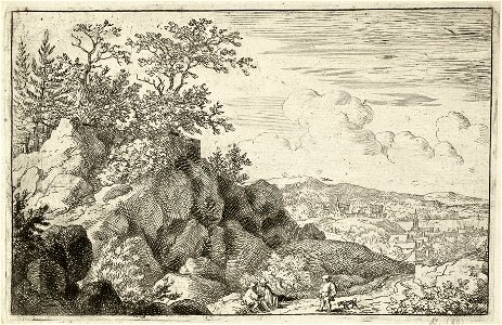 Berglandschap met op de voorgrond twee personen zittend langs een pad. Op het pad een man en een hond. NL-HlmNHA 1477 53008009 K