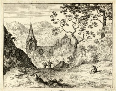 Berglandschap met op de voorgrond een zittende man en iets verderop twee wandelaars. In het dal een kerk. NL-HlmNHA 1477 53008016 K