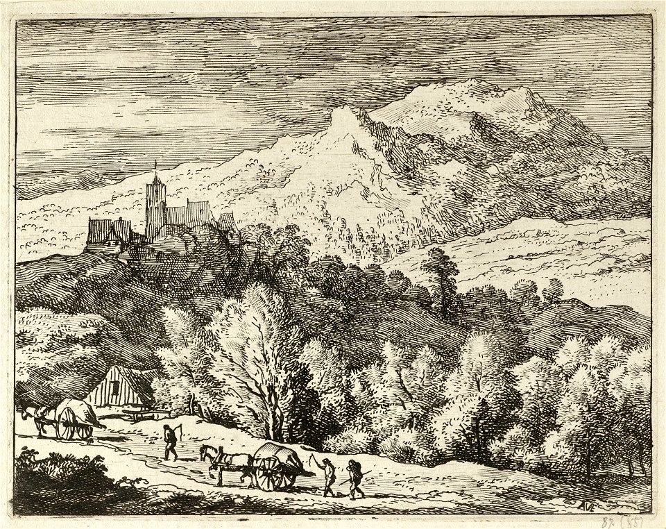 Berglandschap met op de voorgrond drie personen te voet en twee paard en wagens. Op de achtergrond een dorp en kerk op een berg. NL-HlmNHA 1477 53008017 K