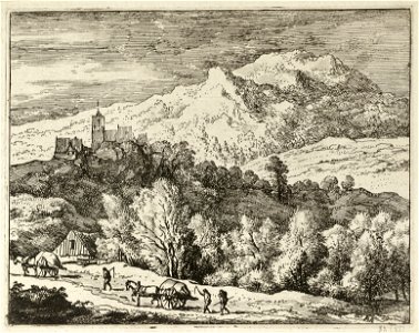 Berglandschap met op de voorgrond drie personen te voet en twee paard en wagens. Op de achtergrond een dorp en kerk op een berg. NL-HlmNHA 1477 53008017 K