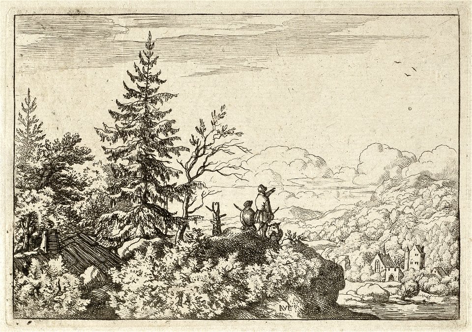 Berglandschap met twee mannen vanaf een heuvel uitkijkend over een dal met enkele huizen. NL-HlmNHA 1477 53007976 K