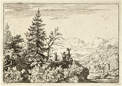 Berglandschap met twee mannen vanaf een heuvel uitkijkend over een dal met enkele huizen. NL-HlmNHA 1477 53007976 K