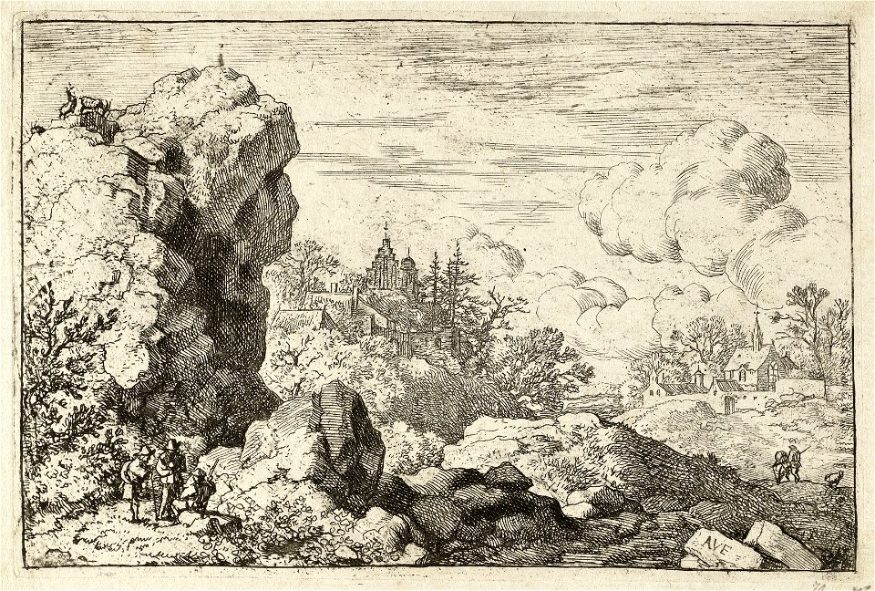 Berglandschap met op de voorgrond drie reizigers onderaan een hoge rots. Op de achtergrond twee kerktorens. NL-HlmNHA 1477 53008001 K