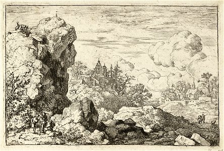 Berglandschap met op de voorgrond drie reizigers onderaan een hoge rots. Op de achtergrond twee kerktorens. NL-HlmNHA 1477 53008001 K