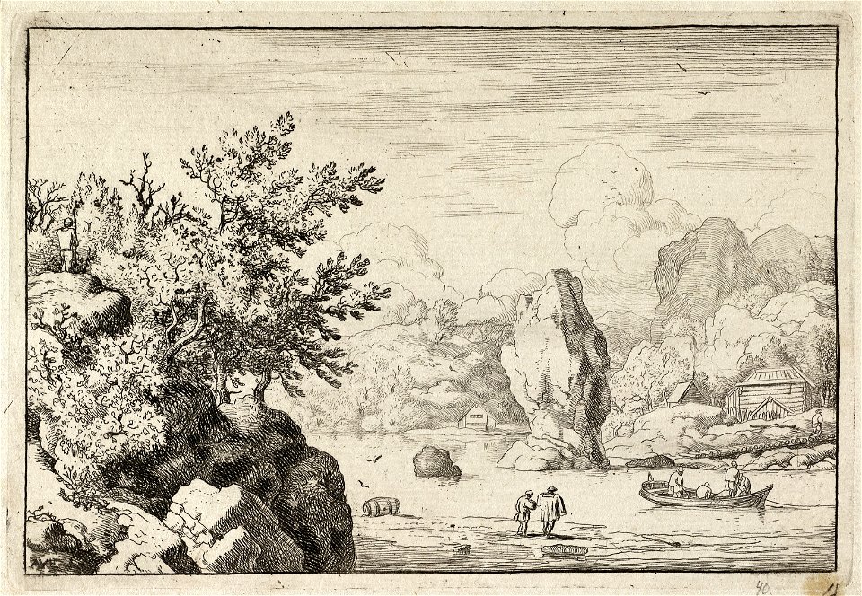 Berglandschap met op de voorgrond een man op een hoge rotspartij. Op het water een roeiboot met vier personen en langs de kant twee toeschouwers. NL-HlmNHA 1477 53007971 K