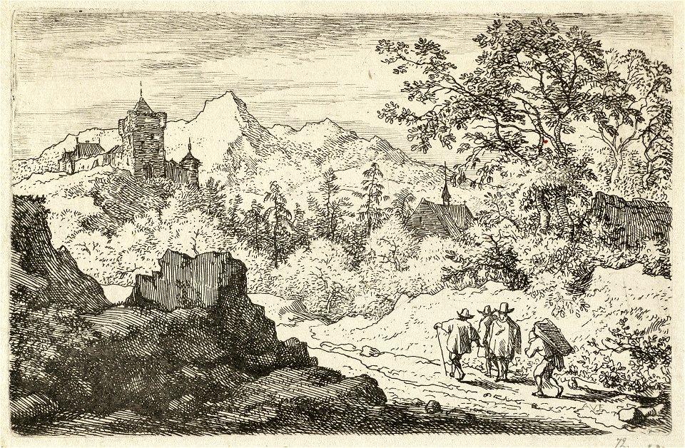 Berglandschap met drie wandelaars en een kruier. NL-HlmNHA 1477 53008007 K