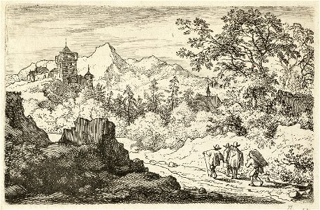 Berglandschap met drie wandelaars en een kruier. NL-HlmNHA 1477 53008007 K