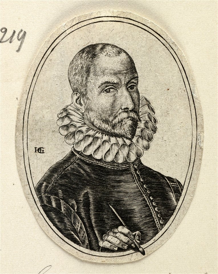 Busteportret in ovaal van de kunstenaar Jan van der Straet Johannes Stradanus, een pen in de rechterhand. NL-HlmNHA 1477 53008528