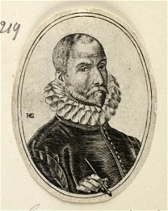 Busteportret in ovaal van de kunstenaar Jan van der Straet Johannes Stradanus, een pen in de rechterhand. NL-HlmNHA 1477 53008528