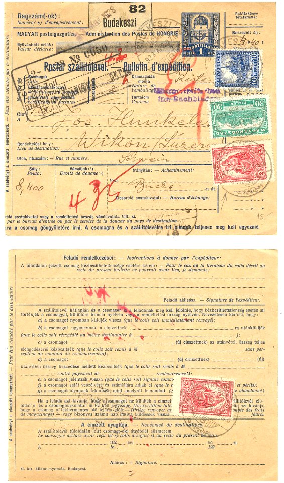 Bulletin d'expédition Budakeszi, Hungary to Wikon, Switzerland 1928