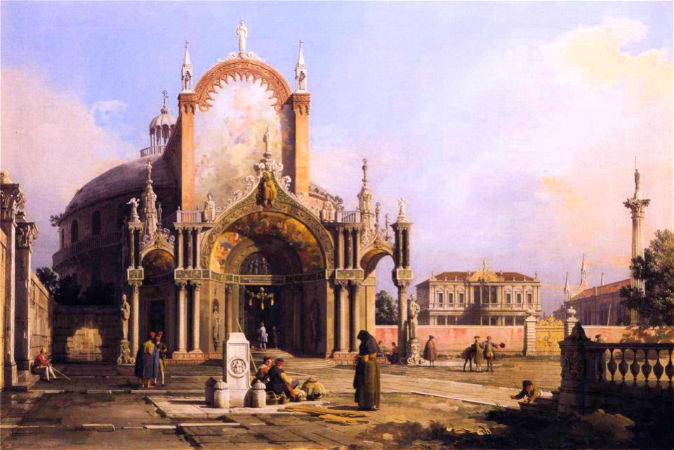 Canaletto - Capriccio of a Round Church with an Elaborate Gothic Portico in a Piazza, a Palladian Piazza and a Gothic Church Beyond